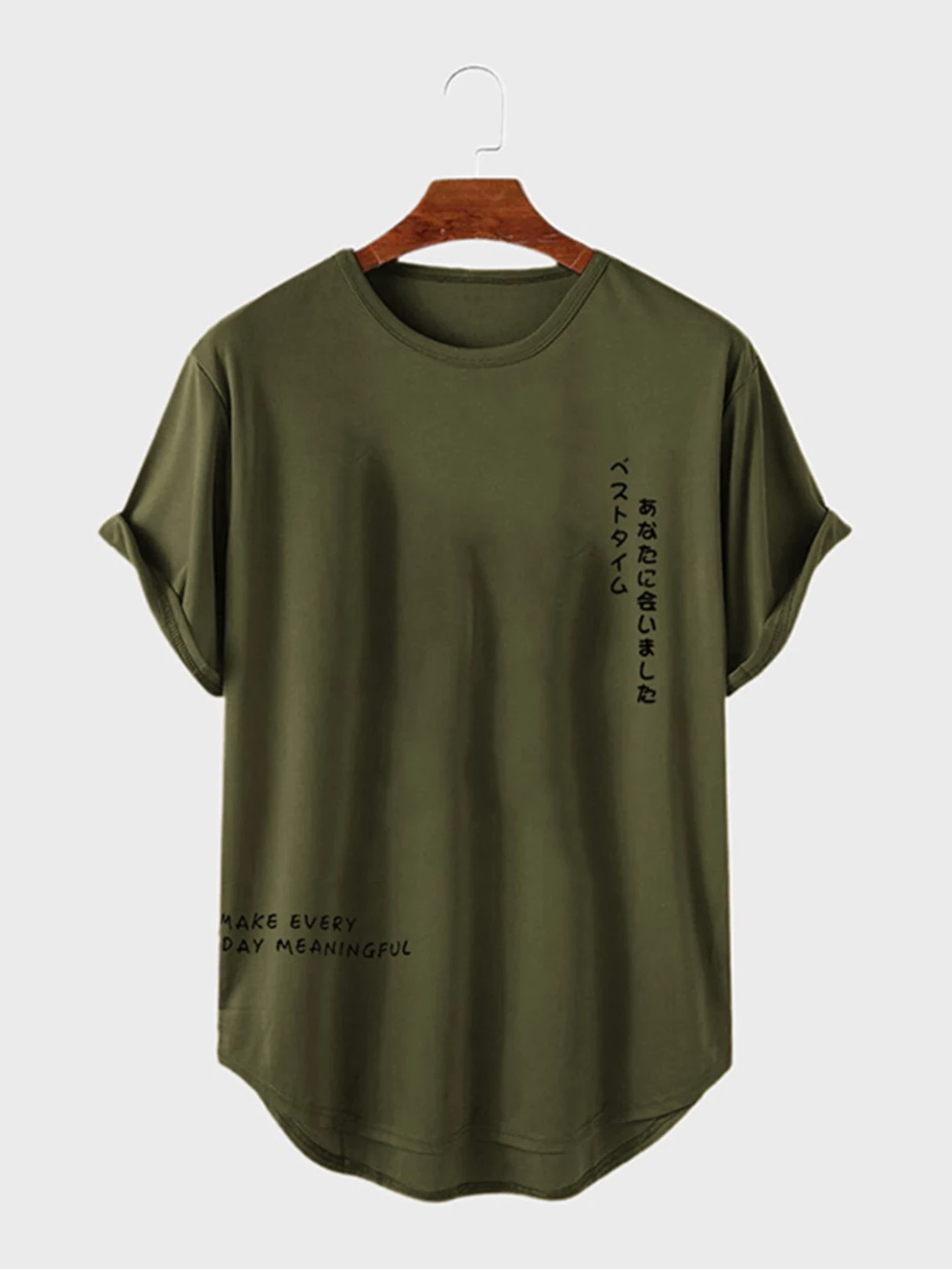 ChArmkpR Mens T-shirts Japanese Letter Print Curved Hem Casual Short Sleeve Tshirts