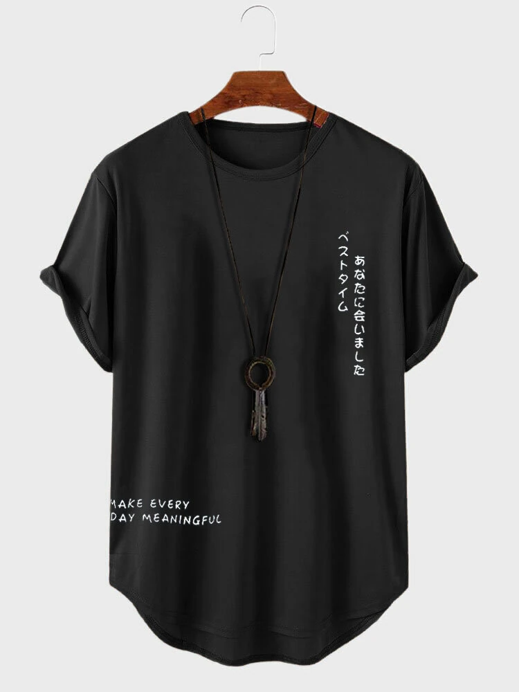 ChArmkpR Mens T-shirts Japanese Letter Print Curved Hem Casual Short Sleeve Tshirts