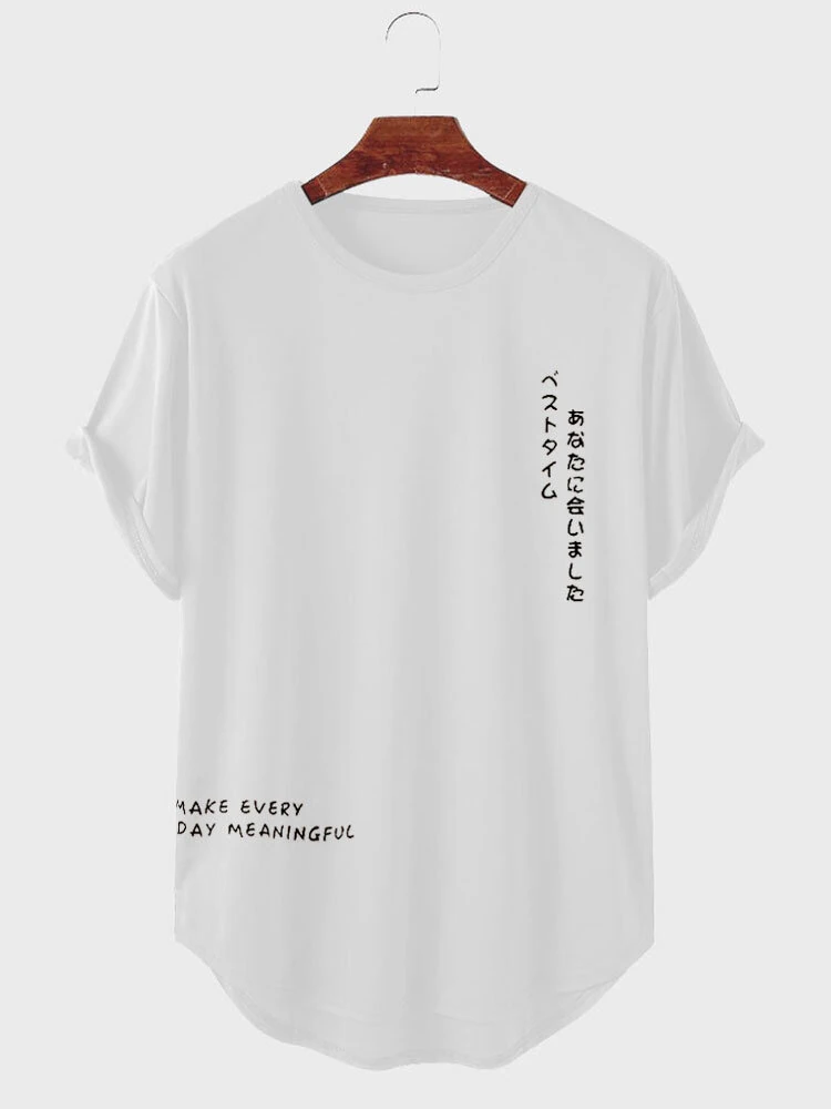 ChArmkpR Mens T-shirts Japanese Letter Print Curved Hem Casual Short Sleeve Tshirts