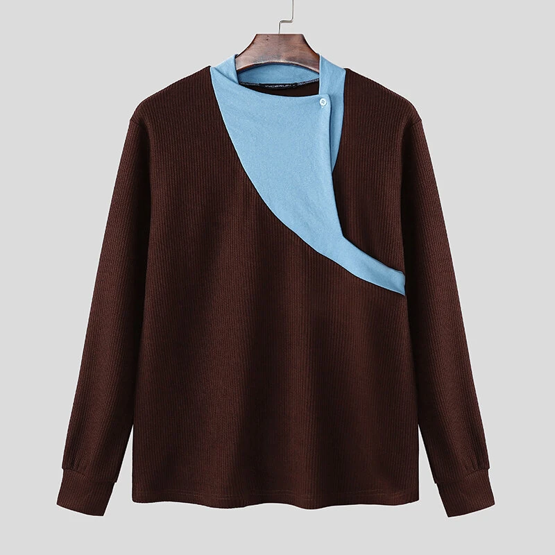 INCERUN Mens Solid Color Double Collar Pullover Sweater Comfortable Stretchy Fabric Casual Top for Male Plus Size S 5XL