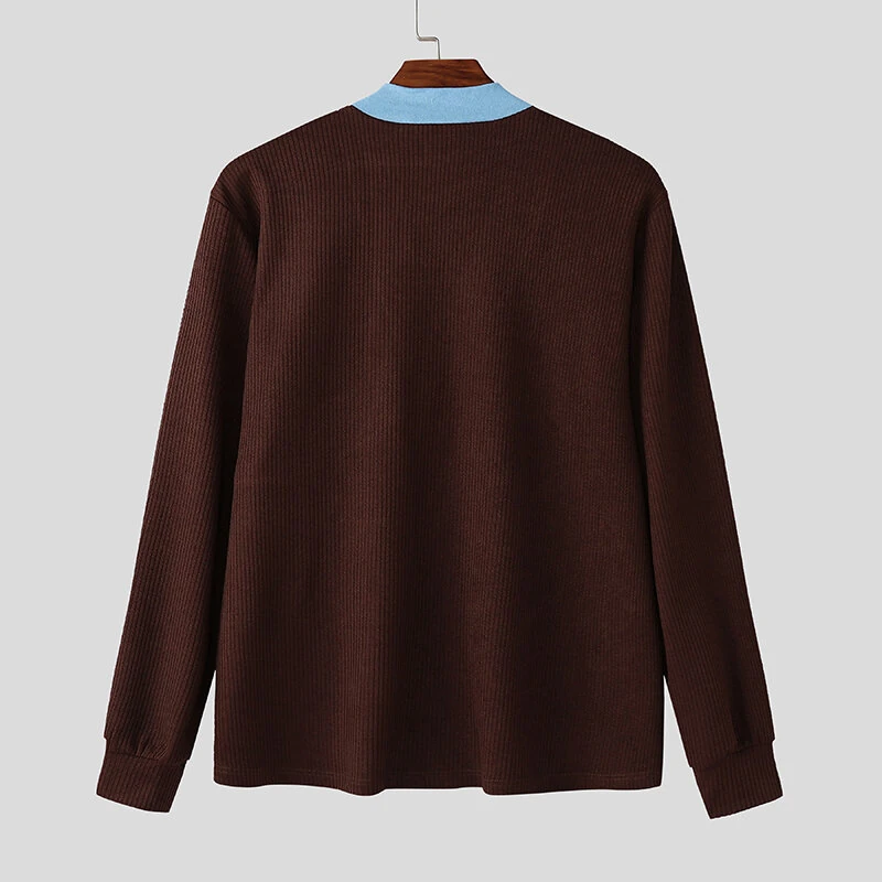 INCERUN Mens Solid Color Double Collar Pullover Sweater Comfortable Stretchy Fabric Casual Top for Male Plus Size S 5XL