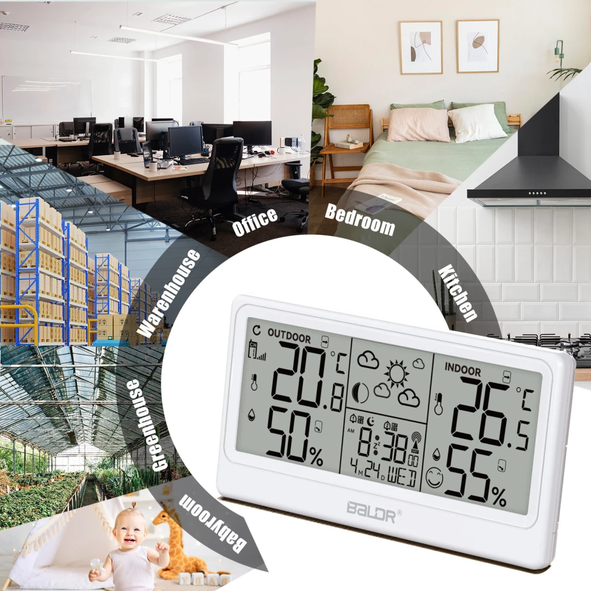 BALDR 8.5" LCD Screen Weather Station RCC Alarm Clock Digital Temperature Humidity Meter Weather Forecast Calendar Moon Phases Wireless Forecast Sensor