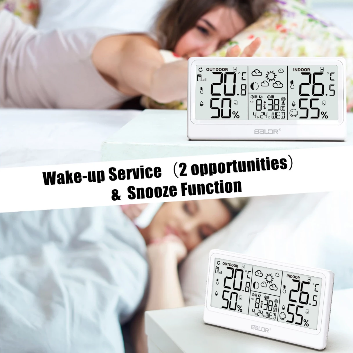 BALDR 8.5" LCD Screen Weather Station RCC Alarm Clock Digital Temperature Humidity Meter Weather Forecast Calendar Moon Phases Wireless Forecast Sensor