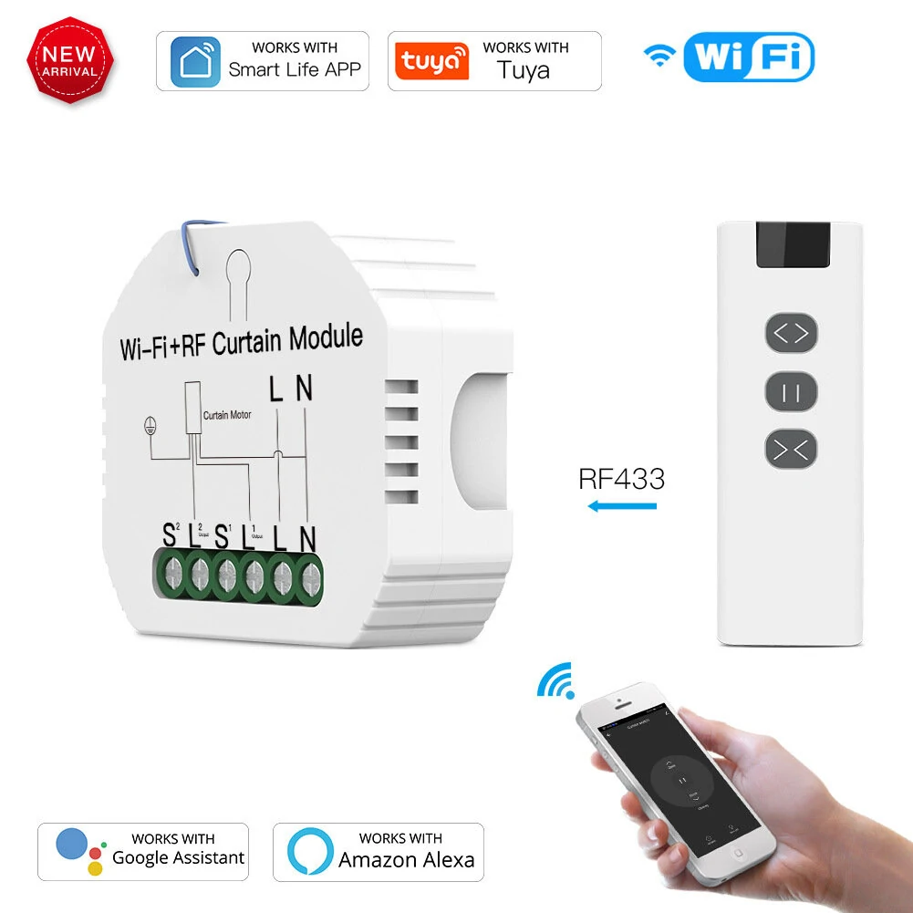 Tuya WiFi Smart RF433 Blind Shutter Curtain Switch with Remote APP Timing Function Voice Control with Alexa Google Assistant
