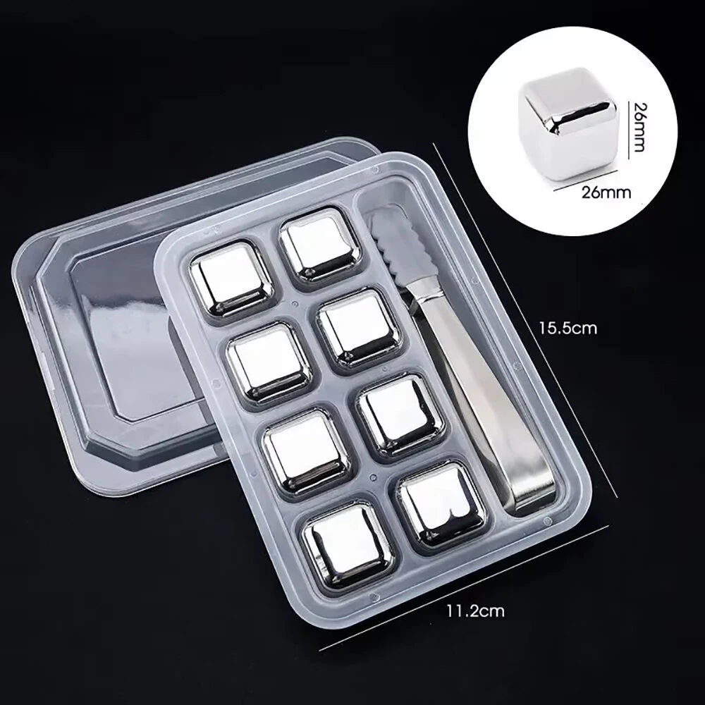 8PCS 304 Stainless Steel Ice Cubes Set Reusable Chilling Stones for Whiskey Wine Wine Cooling Cube Chilling Rock Party Bar Tool