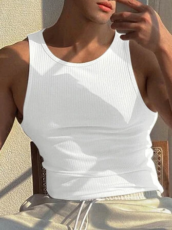 Mens Solid Crew Neck Rib-Knit Sleeveless Tank Top