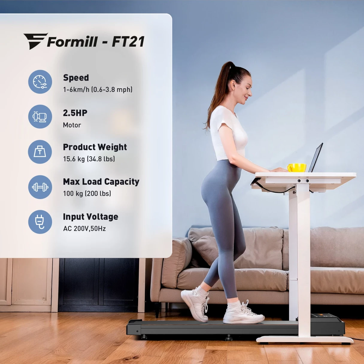 [EU Direct] Formill FT-21 Walking Pad Treadmill 2.5HP Motor 1-6km/h Speed 220 lbs Capacity LED Display Remote Control Warm-up Home Under Desk Treadmill for Walking Running Jogging
