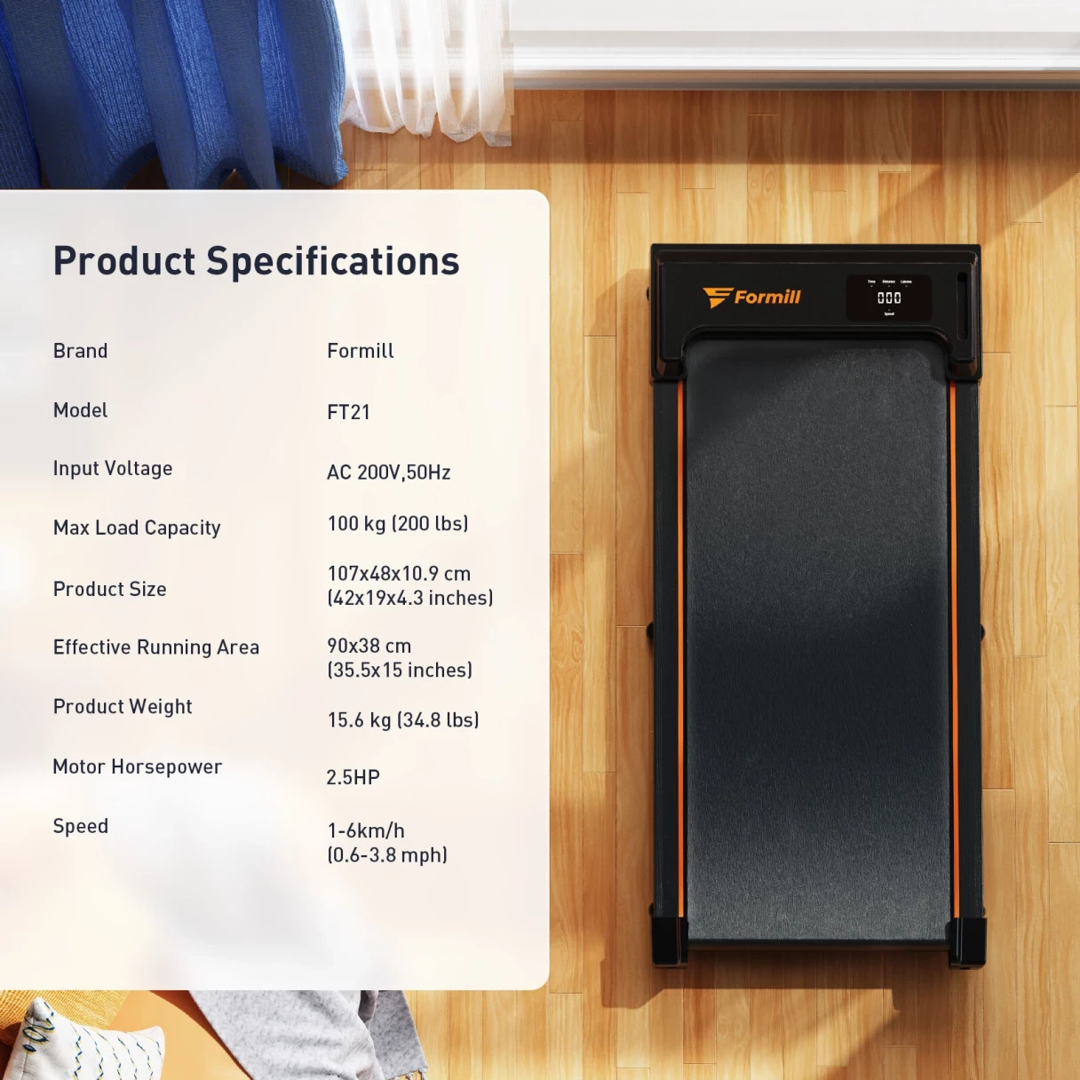 [EU Direct] Formill FT-21 Walking Pad Treadmill 2.5HP Motor 1-6km/h Speed 220 lbs Capacity LED Display Remote Control Warm-up Home Under Desk Treadmill for Walking Running Jogging