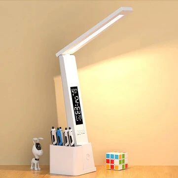 USB LED Desk Lamp Dimmable Touch Control with Calendar Temperature Clock Night Light Foldable Table Lamp for Study Reading Lamp