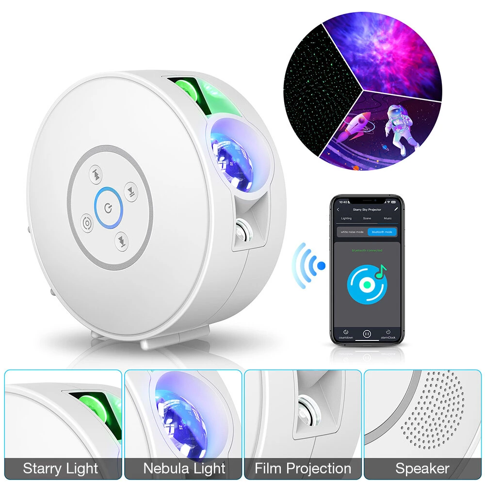 BlitzWill® BW-PLT2 Smart Star Projector with Star & Colorful LED Nebula 6 Theme Film Slides bluetooth Speaker White Noise Alarm APP& Voice Control