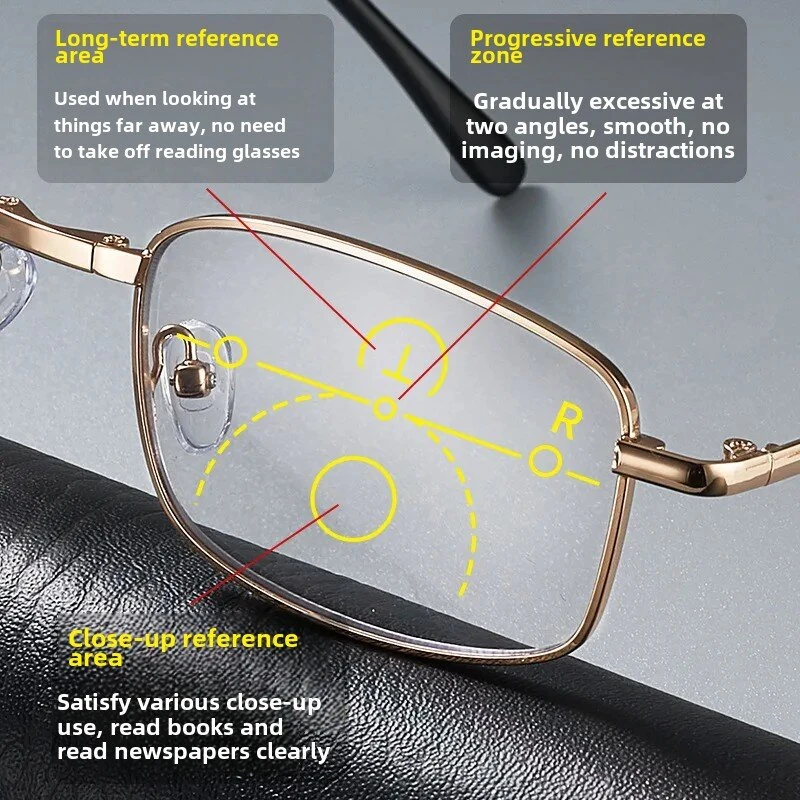 Anti Blue Light Multifocal Reading Glasses, Portable Foldable Presbyopic Glasses for Both Near Far Distances, Gold Frame Eyeglasses