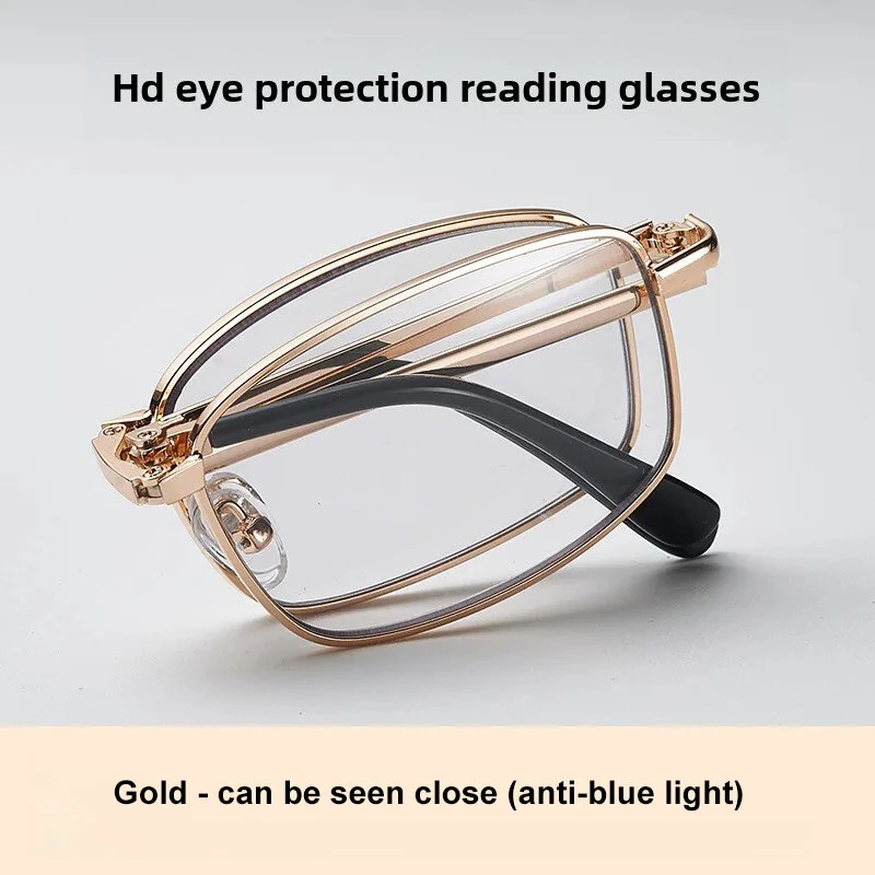 Anti Blue Light Multifocal Reading Glasses, Portable Foldable Presbyopic Glasses for Both Near Far Distances, Gold Frame Eyeglasses