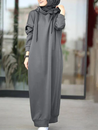 ZANZEA Women Brief Style Solid Color Drawstring Hooded Casual Dress With Pocket