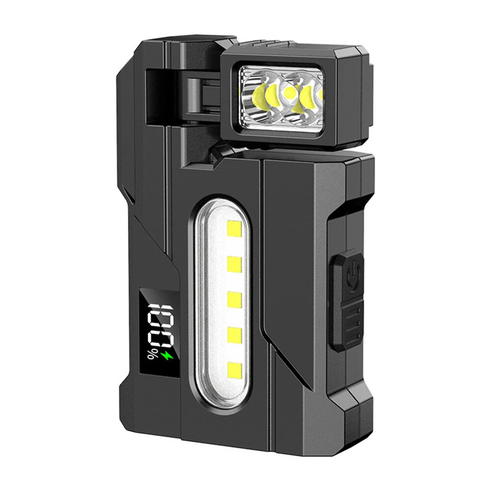 Multipurpose Dual Light Source LED Keychain Flashlight LCD Display Rotatable Pocket Work Light with Metal Clip EDC Torch for Outdoor Camping Hiking Emergency