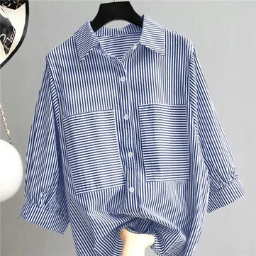 ZANZEA Women's Striped Shirt Summer 3/4 Sleeve Lantern Sleeve Front Pockets Casual Blouse Top