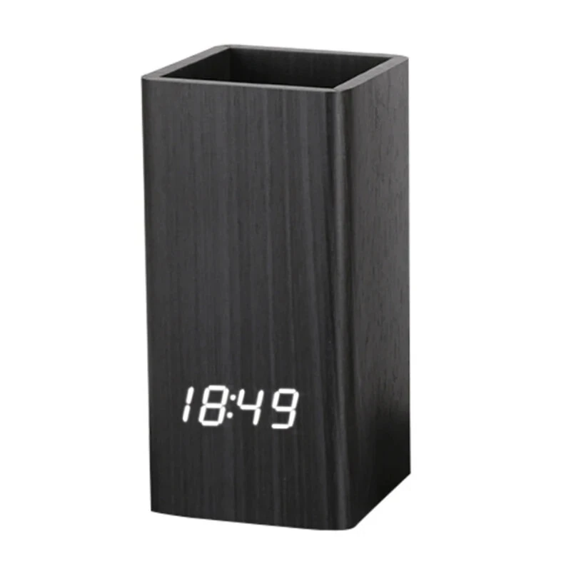 Creative Wooden Pen Holder Clock USB Voice Control Digital Pen Holder Alarm Clock LED Pencil Organizer with LED