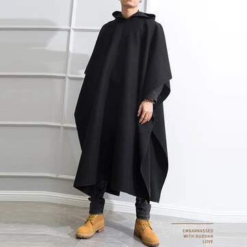 INCERUN Autumn Winter New Men's Loose Black Coats Stylish Irregular Hooded Cloak FashionLong Sleeve Trench Outwear Jackets S-5XL