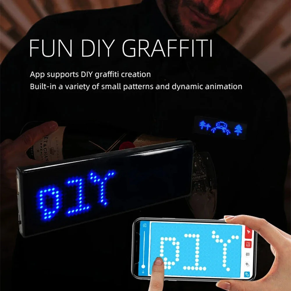 LED Chest Badge Decorative Screen with USB Charging Bluetooth Multi-language LED Digital Badge USB Rechargeable DIY HD Text Badge Scrolling LED Label Display Light
