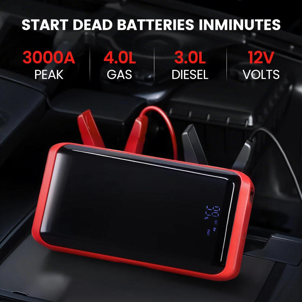 T48-72 3000A Car Jump Starter Emergency Power Bank Portable Battery Charger with Intelligent Battery Starter Clip LED Multi Mode Lights for 12V Gasoline Diesel Vehicles
