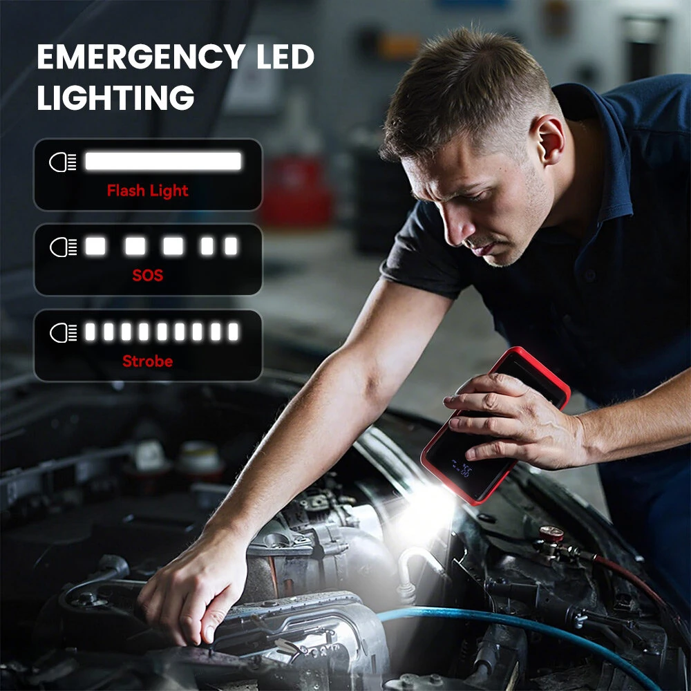 T48-72 3000A Car Jump Starter Emergency Power Bank Portable Battery Charger with Intelligent Battery Starter Clip LED Multi Mode Lights for 12V Gasoline Diesel Vehicles