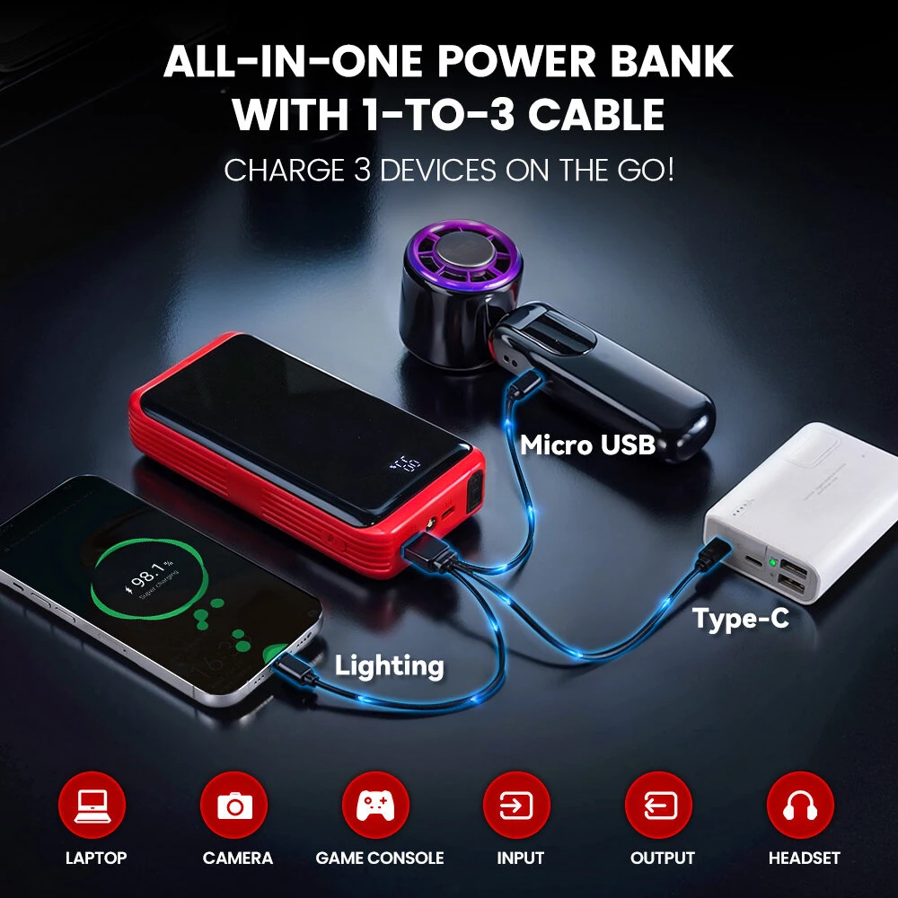 T48-72 3000A Car Jump Starter Emergency Power Bank Portable Battery Charger with Intelligent Battery Starter Clip LED Multi Mode Lights for 12V Gasoline Diesel Vehicles