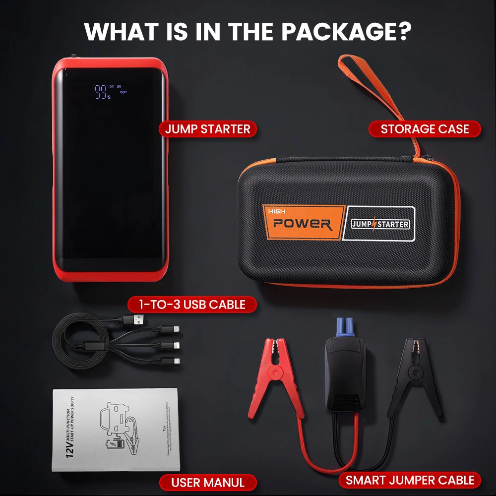 T48-72 3000A Car Jump Starter Emergency Power Bank Portable Battery Charger with Intelligent Battery Starter Clip LED Multi Mode Lights for 12V Gasoline Diesel Vehicles