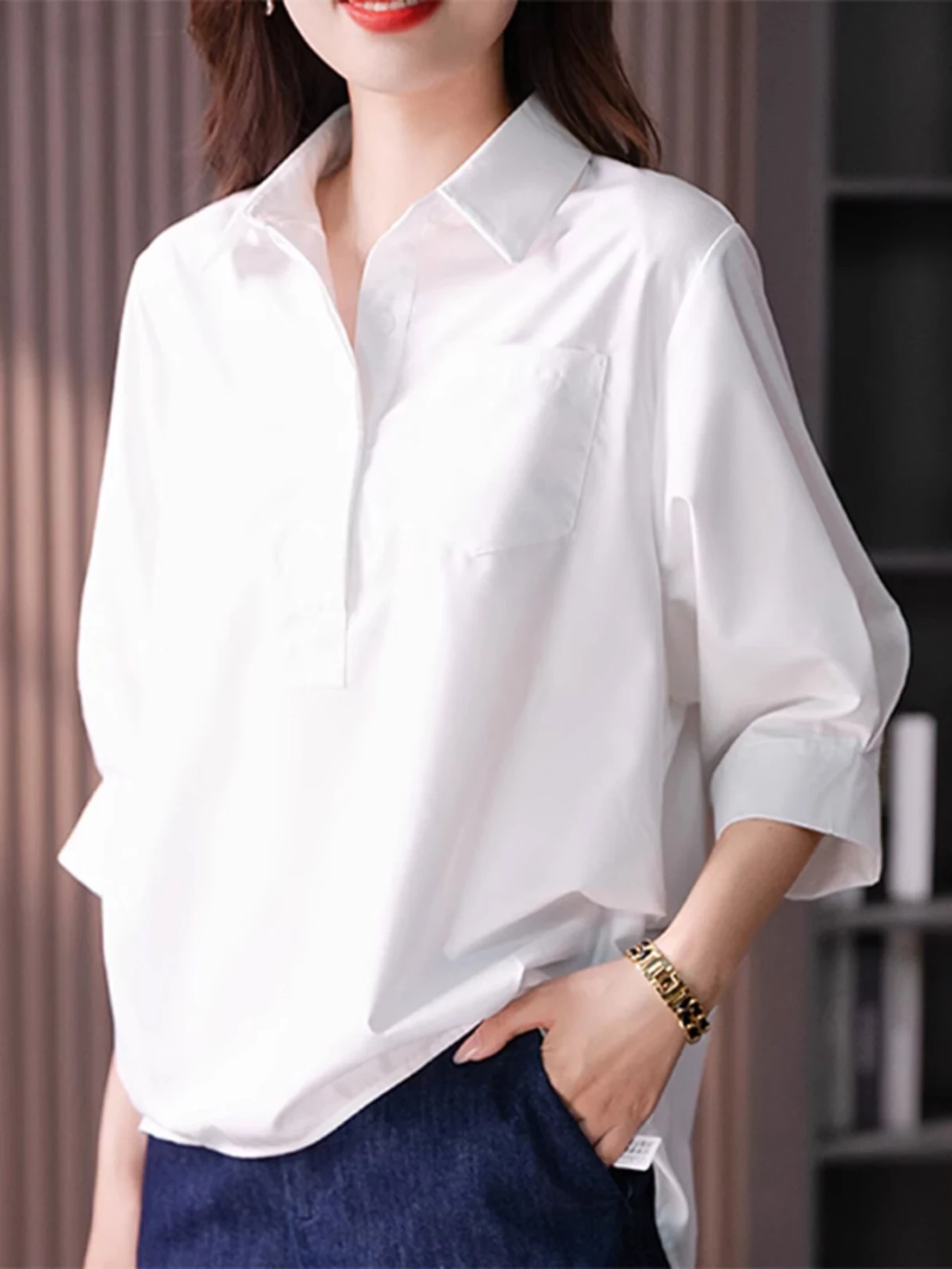 ZANZEA Womens Lapel Blouses 3/4 Length Sleeve Solid Color Shirts with Chest Pocket