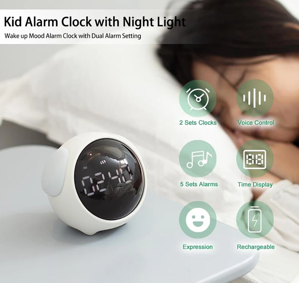 Multifunctional Electronic Alarm Clock Kids Alarm Clock with Night Light Wake up Mood Alarm Clock with Dual Alarm Setting Adjustable Brightness Sleep Trainer