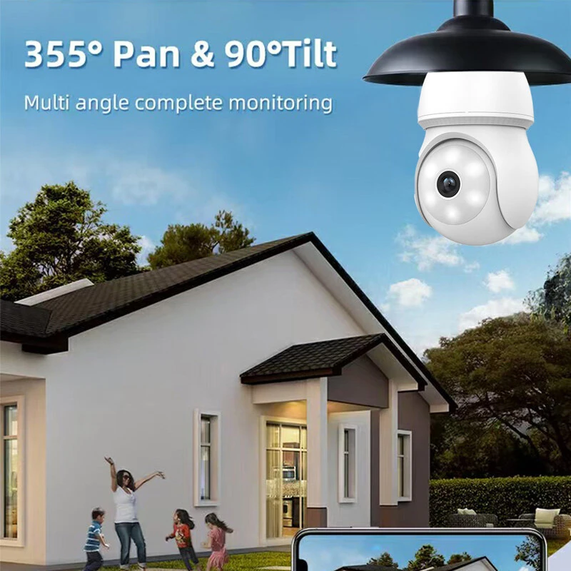 1080P 2K Wireless Light Bulb Security Camera 355° PTZ E27 IP65 Waterproof Motion Detection Auto Tracking Two Way Audio Night Vision Work with Alexa Google Assistant for Smart Home Security
