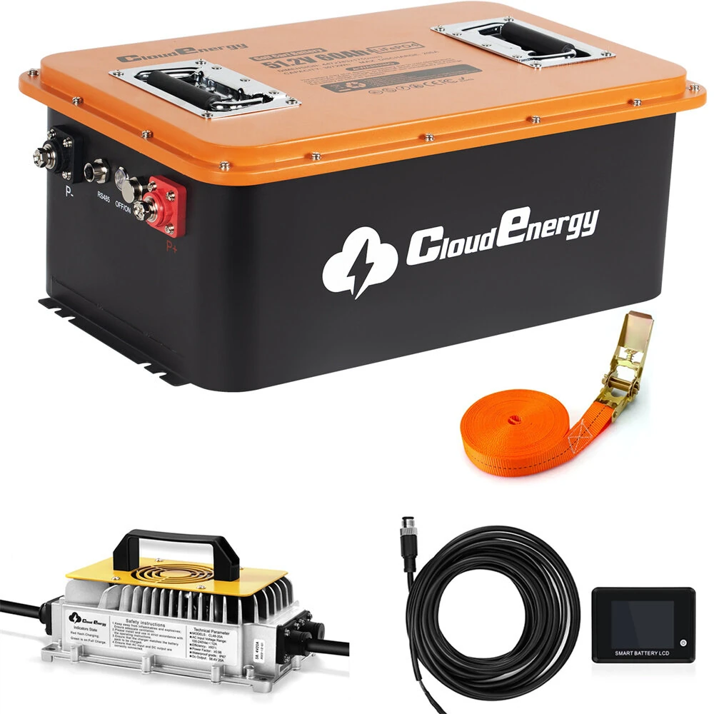 [EU Direct] Cloudenergy 48V(51.2V) LiFePO4 Battery with Charger for Golf Carts & Solar Storage 60Ah(3072Wh) Capacity Built-in 200A BMS with Mobile APP Touch Monitor and Retention Strap, 6000+Cycles, IP66
