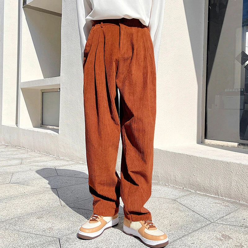INCERUN Mens Corduroy Textured Loose-Fit Long Pant Fashion Solid Color Peplum Trousers for Men