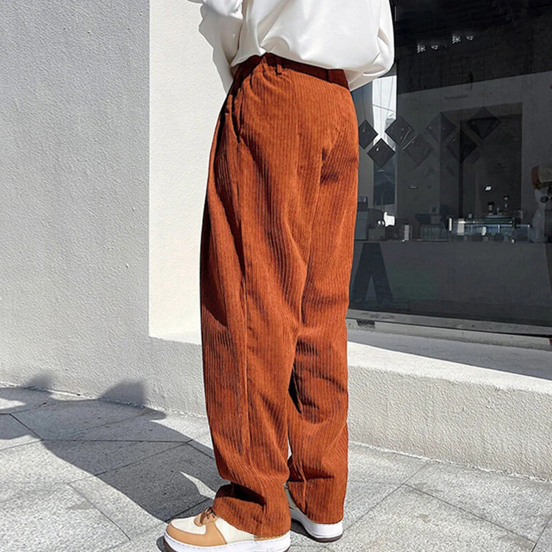 INCERUN Mens Corduroy Textured Loose-Fit Long Pant Fashion Solid Color Peplum Trousers for Men