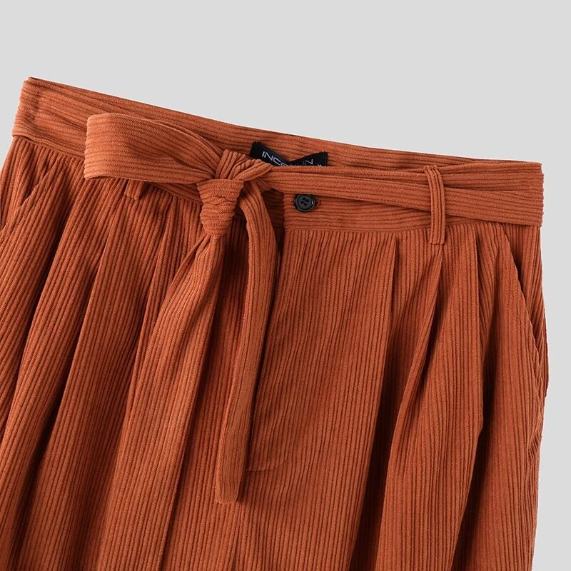 INCERUN Mens Corduroy Textured Loose-Fit Long Pant Fashion Solid Color Peplum Trousers for Men