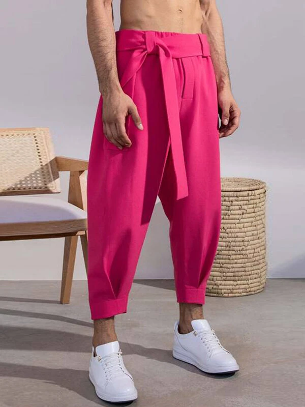 INCERUN Men Pants Fashion Solid Color Bow Knot Trousers Men Streetwear Elastic Waist Harem Pants