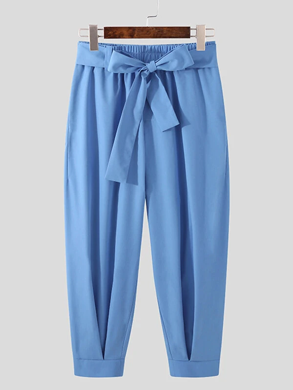 INCERUN Men Pants Fashion Solid Color Bow Knot Trousers Men Streetwear Elastic Waist Harem Pants