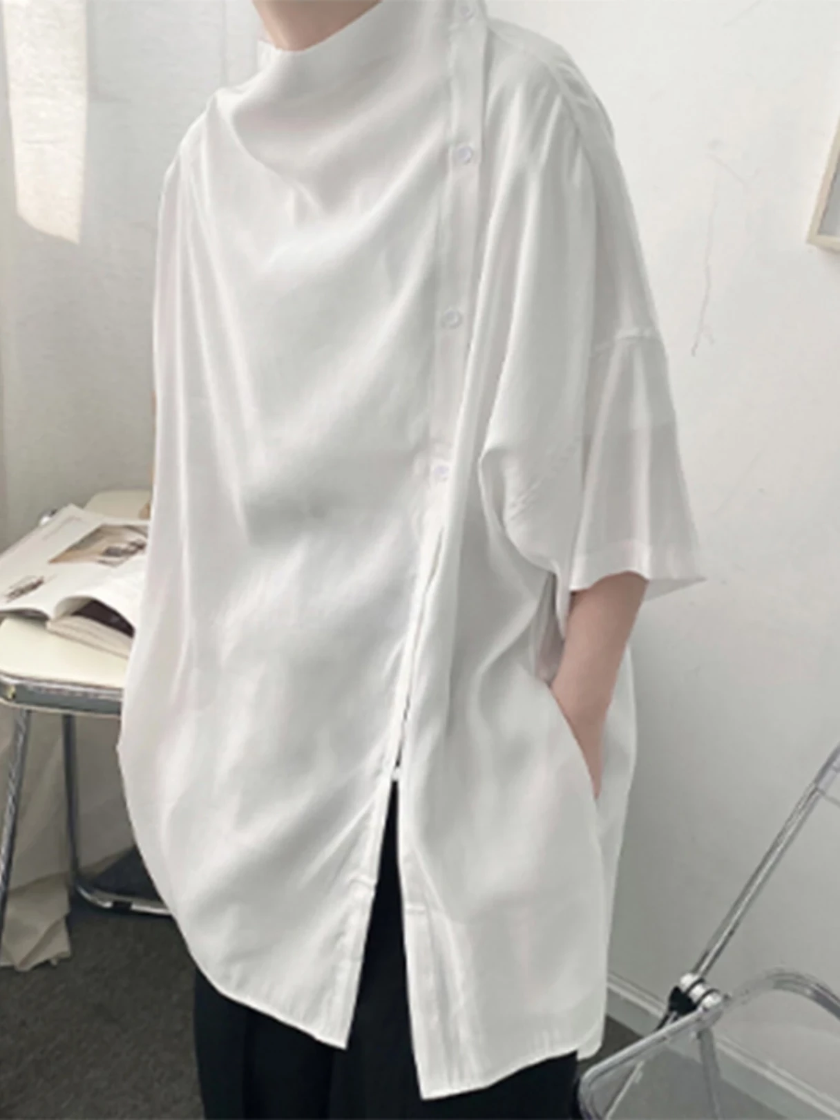 INCERUN Mens Shirt Design Half Sleeve Top Fashion Side Cut-off Button Shirts Casual Summer Loose Men Shirts S-5XL