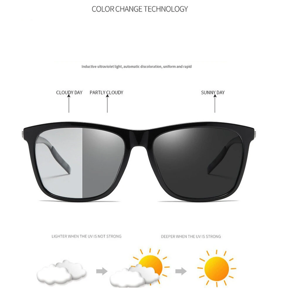 Men's Photochromic Sunglasses Classic Square UV400 Polarized Outdoor Cycling Sun Glasses