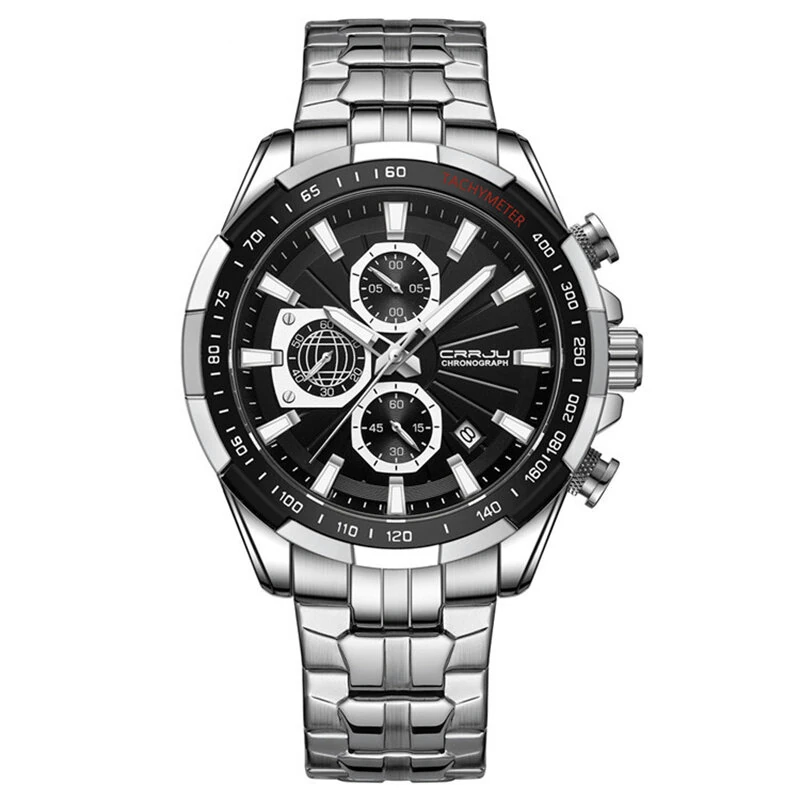 CRRJU Business Men's Watches Fashion Luxury Stainless Steel Quartz Watches Waterproof Chronograph Multifunctional Watches