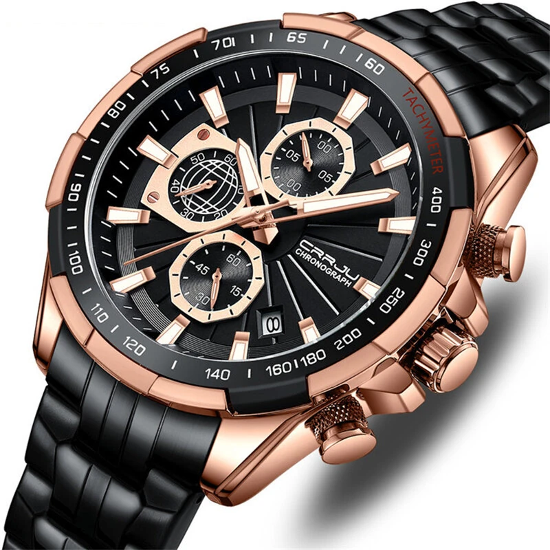 CRRJU Business Men's Watches Fashion Luxury Stainless Steel Quartz Watches Waterproof Chronograph Multifunctional Watches