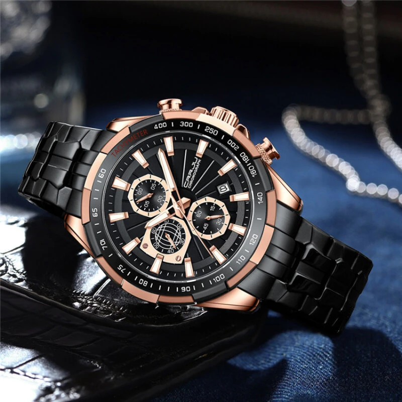CRRJU Business Men's Watches Fashion Luxury Stainless Steel Quartz Watches Waterproof Chronograph Multifunctional Watches