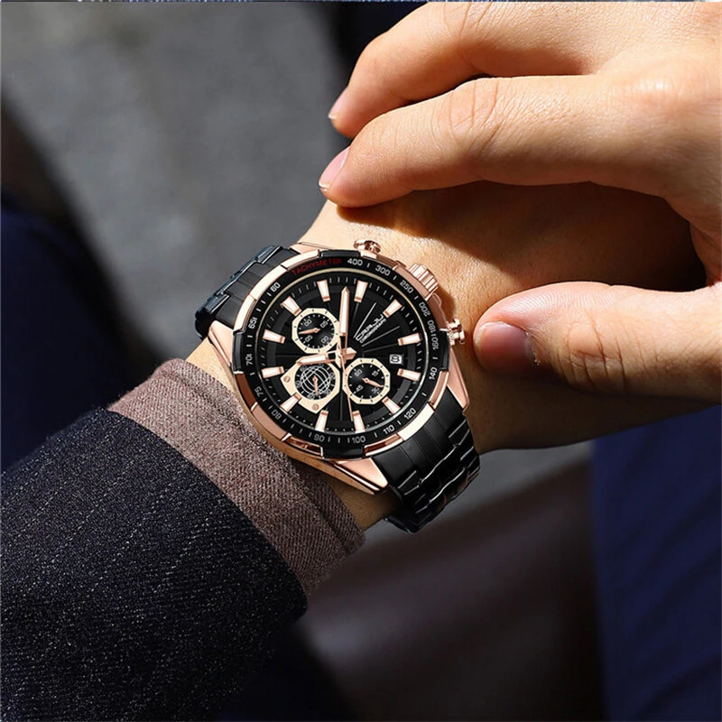 CRRJU Business Men's Watches Fashion Luxury Stainless Steel Quartz Watches Waterproof Chronograph Multifunctional Watches