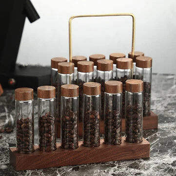 6/10/12 Slots Wood Base Coffee Bean Glass Bottle Display Stand Transparent Glass Tubes Wooden Lids Storage Rack