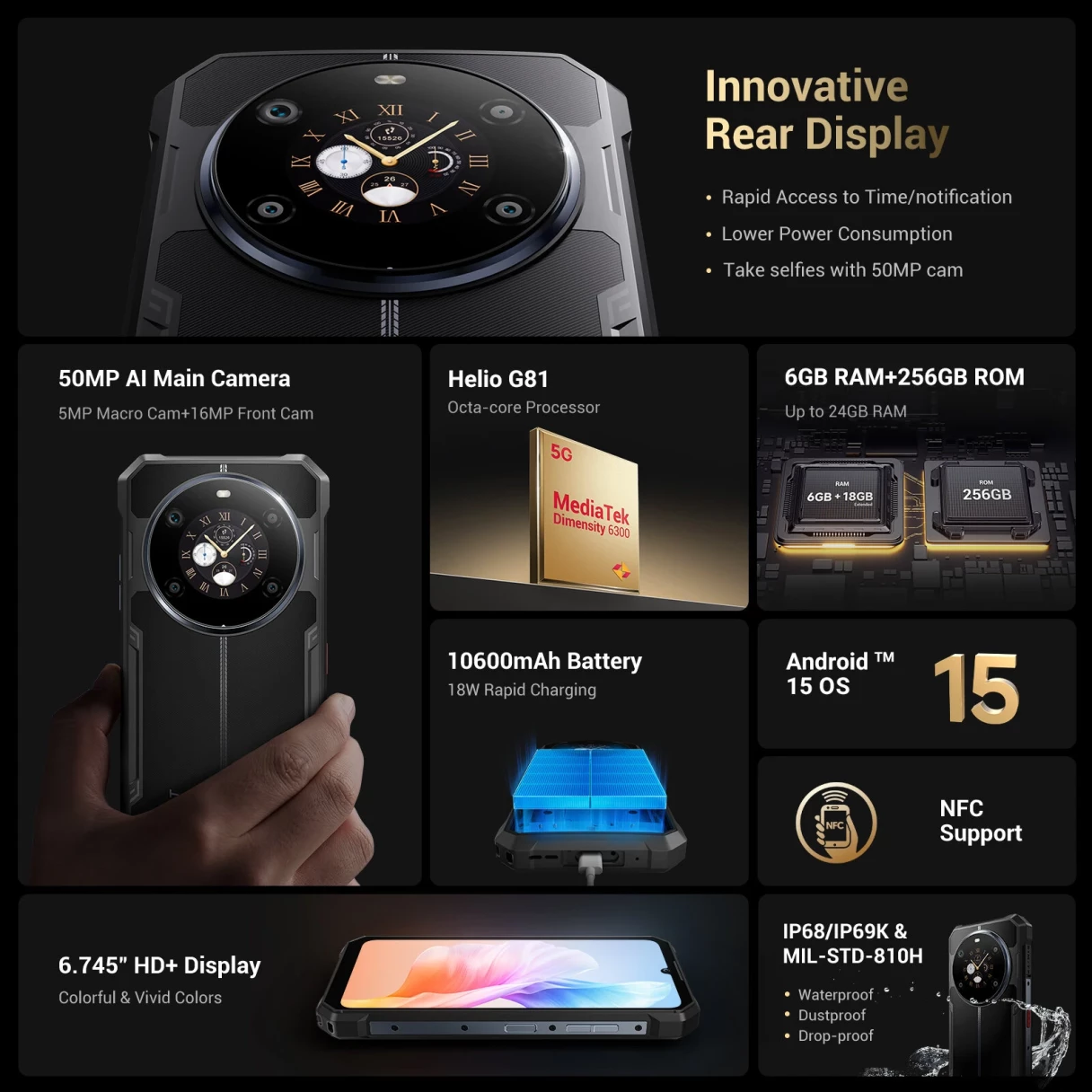 [EU Direct]FOSSiBOT F109S Dual Display Android 15 6.745 inch 24GB 256GB 10600mAh 50MP Camera NFC IP68 IP69K Waterproof Helio G81 Octa Core 4G Rugged Smartphone