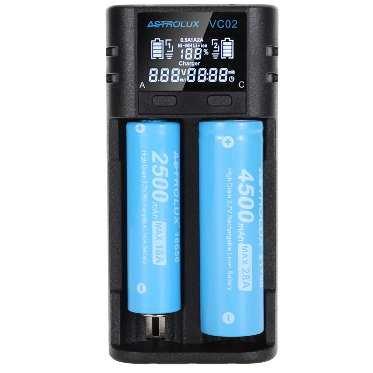 Astrolux® VC02 Intelligent 2-Slot LCD Battery Charger Type-C 2A Quick Charge Mix-charging of 1.2V Ni-MH/Ni-CD AA/ AAA/ AAAA 3.6V/ 3.7V Li-ion/ IMR/ INR/ ICR 14500/ 18650/ 21700/26650 Battery For Cells Flashlight RC Toys Home Tools