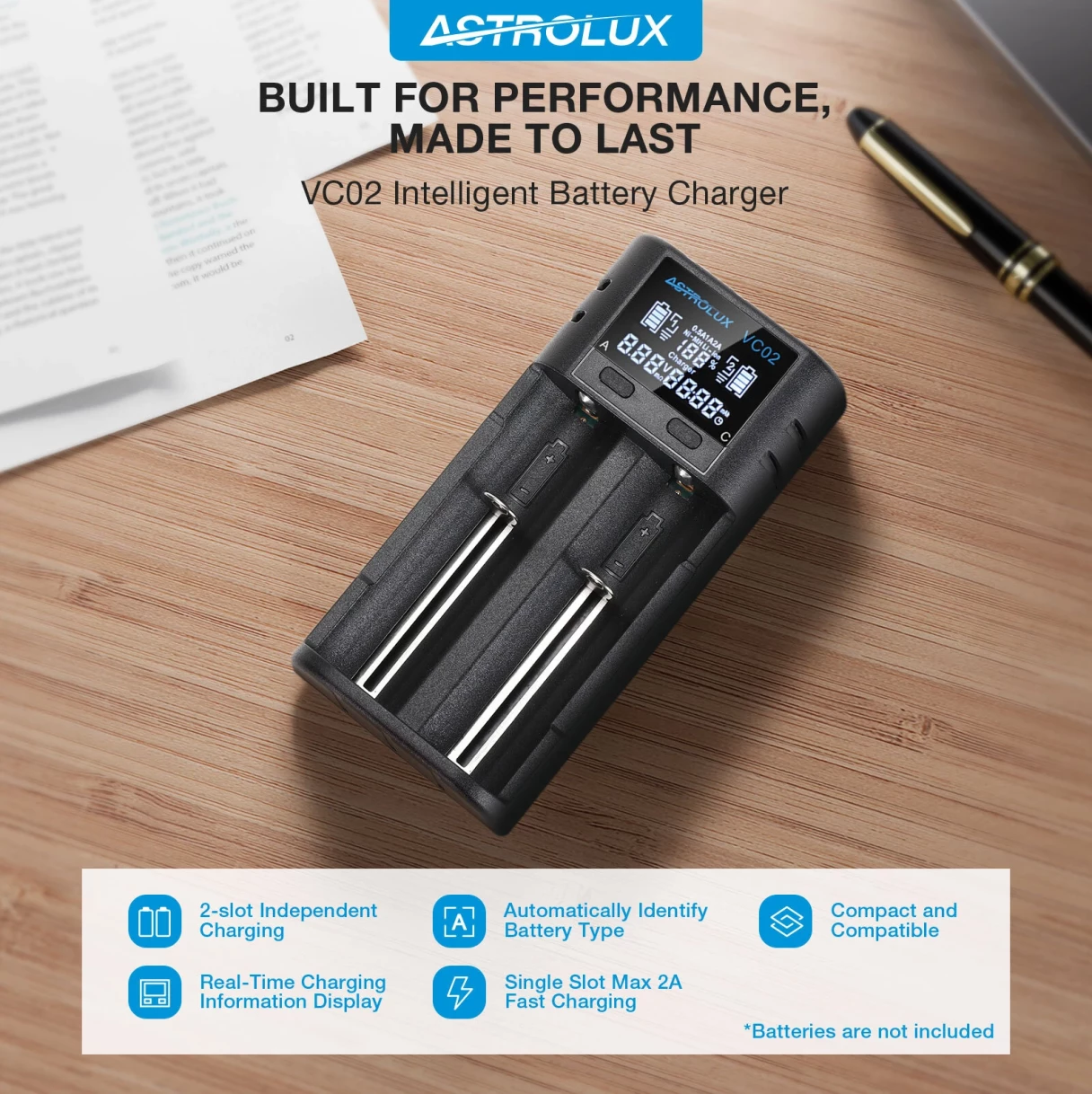 Astrolux® VC02 Intelligent 2-Slot LCD Battery Charger Type-C 2A Quick Charge Mix-charging of 1.2V Ni-MH/Ni-CD AA/ AAA/ AAAA 3.6V/ 3.7V Li-ion/ IMR/ INR/ ICR 14500/ 18650/ 21700/26650 Battery For Cells Flashlight RC Toys Home Tools