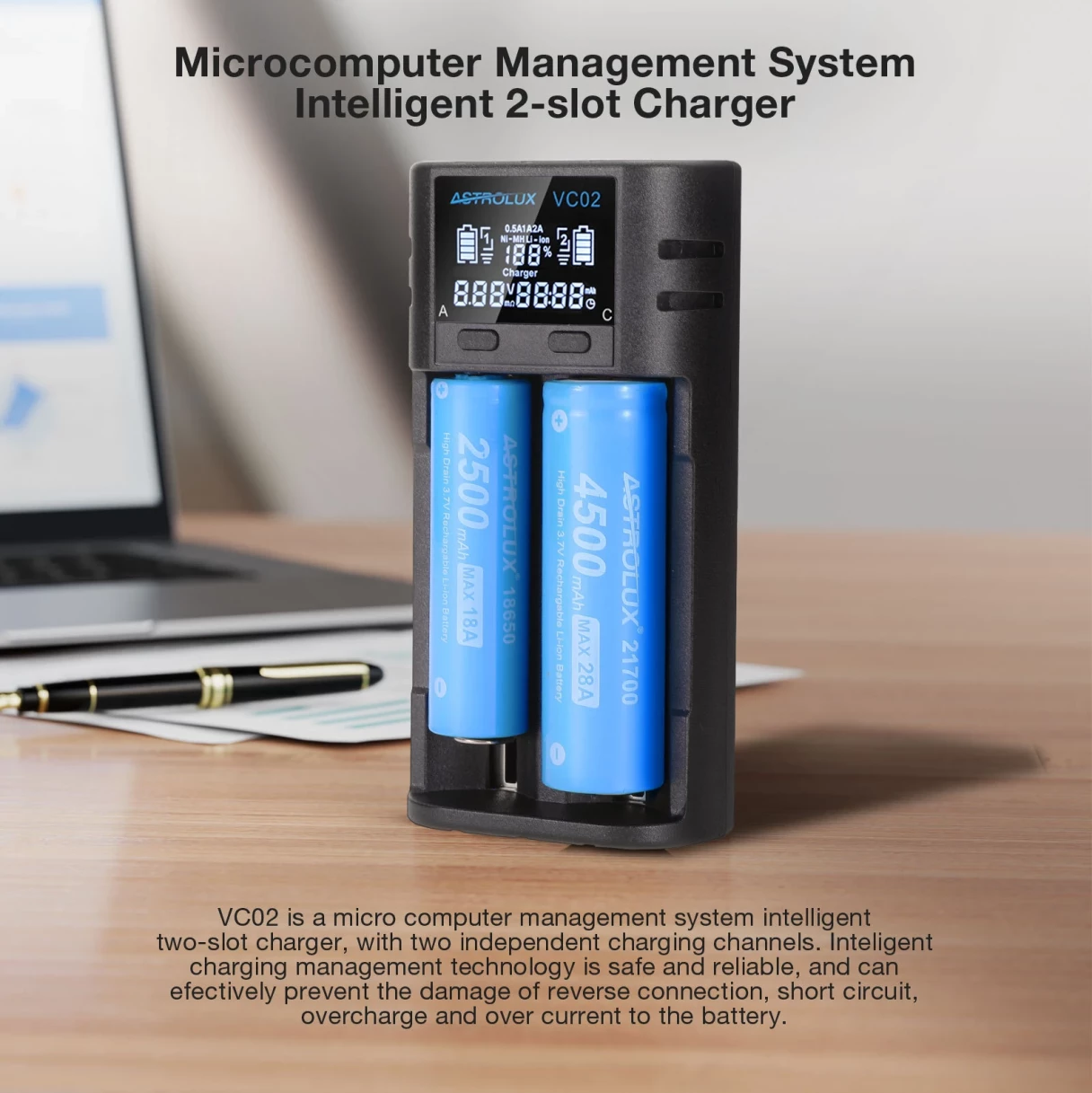 Astrolux® VC02 Intelligent 2-Slot LCD Battery Charger Type-C 2A Quick Charge Mix-charging of 1.2V Ni-MH/Ni-CD AA/ AAA/ AAAA 3.6V/ 3.7V Li-ion/ IMR/ INR/ ICR 14500/ 18650/ 21700/26650 Battery For Cells Flashlight RC Toys Home Tools