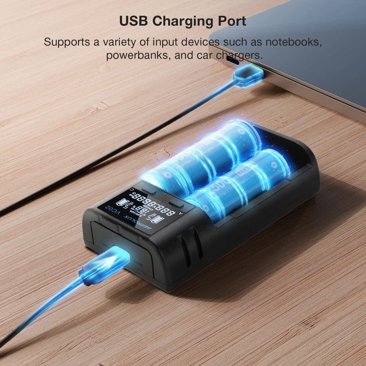 Astrolux® VC02 Intelligent 2-Slot LCD Battery Charger Type-C 2A Quick Charge Mix-charging of 1.2V Ni-MH/Ni-CD AA/ AAA/ AAAA 3.6V/ 3.7V Li-ion/ IMR/ INR/ ICR 14500/ 18650/ 21700/26650 Battery For Cells Flashlight RC Toys Home Tools