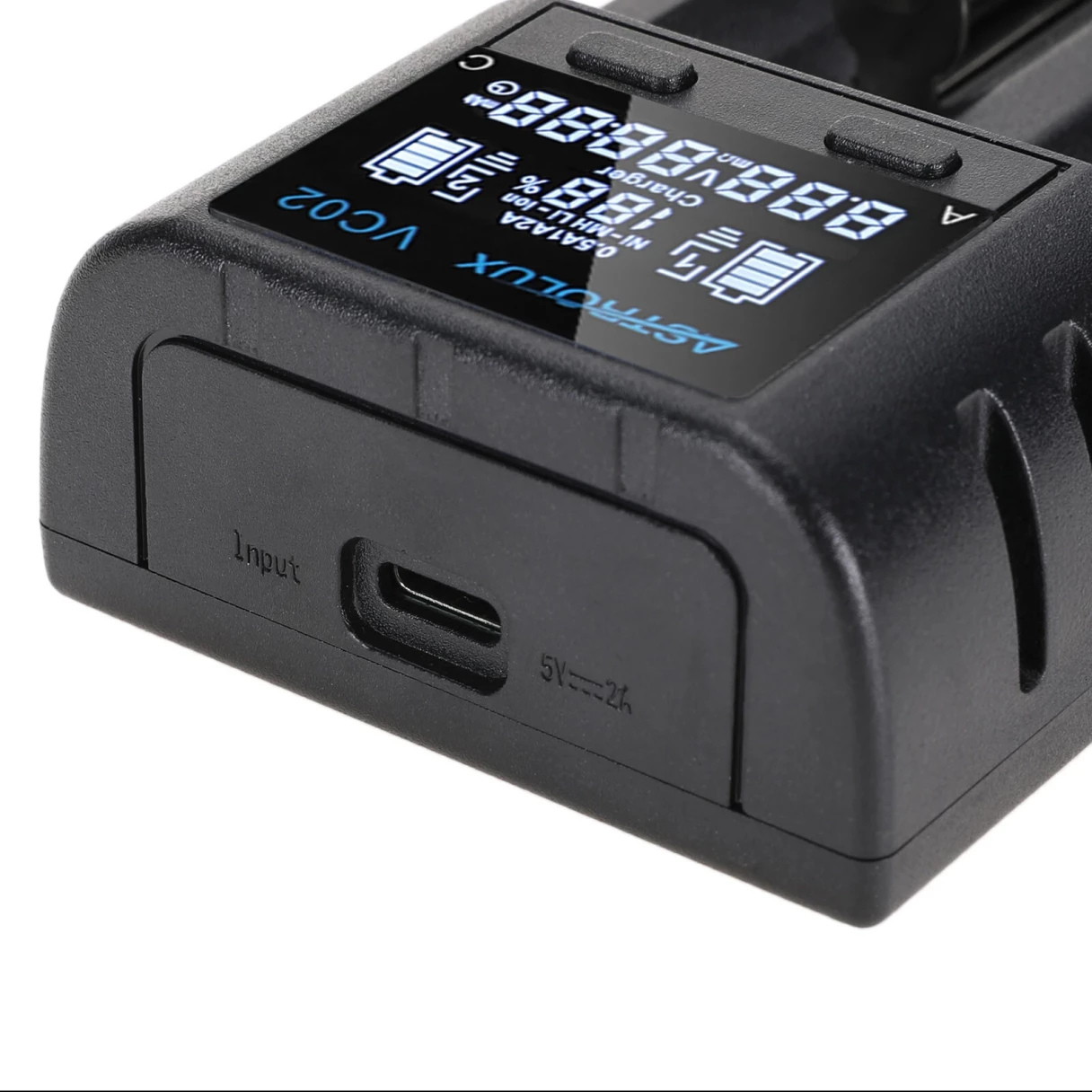 Astrolux® VC02 Intelligent 2-Slot LCD Battery Charger Type-C 2A Quick Charge Mix-charging of 1.2V Ni-MH/Ni-CD AA/ AAA/ AAAA 3.6V/ 3.7V Li-ion/ IMR/ INR/ ICR 14500/ 18650/ 21700/26650 Battery For Cells Flashlight RC Toys Home Tools