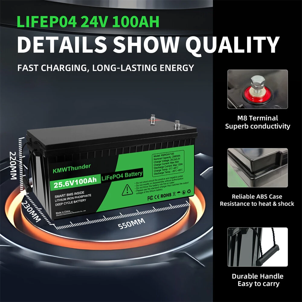 [EU Direct] KWMThunder LiFePO4 Battery 12V 200Ah 300Ah, 24V100Ah with Upgraded BMS Max Depth Cycle 15000 Cycles Support Series/Parallel for RV Solar Panel Marine Home