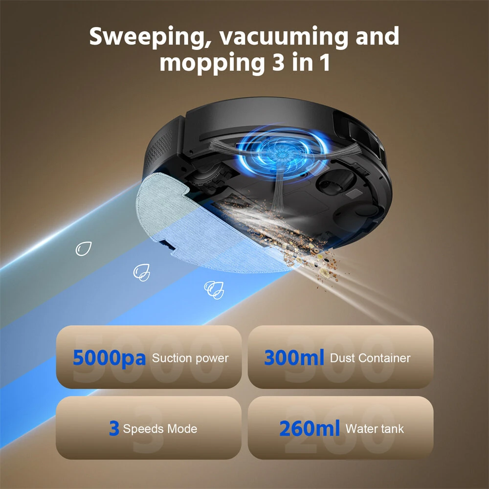 [EU Direct]Teendow D10S Plus 2-in-1 Robot Vacuum Cleaner 5000Pa Strong Suction, 260ml Water Tank, Smart Navigation Pet-Friendly APP & Voice Control